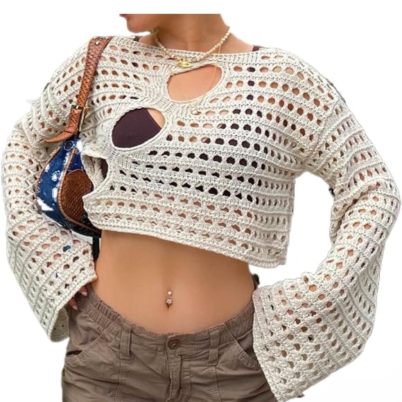 NWT Hollow Out Crochet Knit Crop Top Sweater - Picture 3 of 5